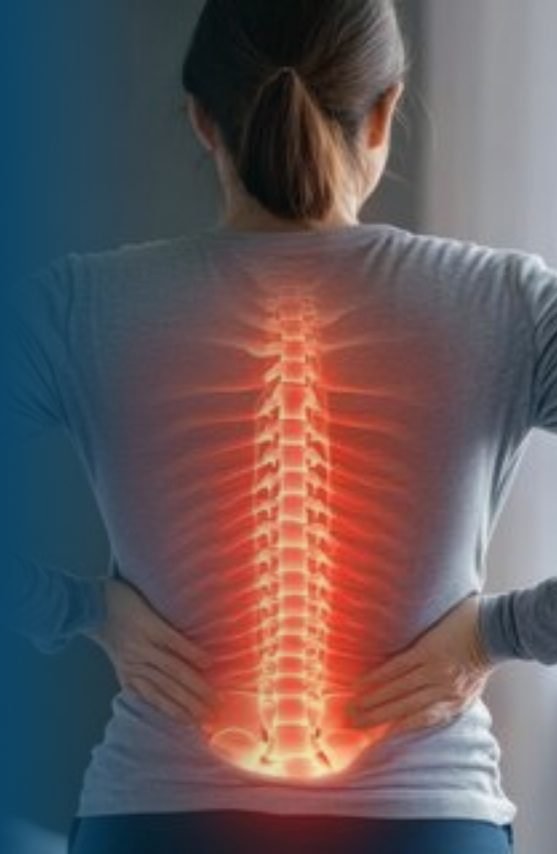 Donna vista di spalle che si tocca la schiena, con la colonna vertebrale evidenziata nel punto del dolore